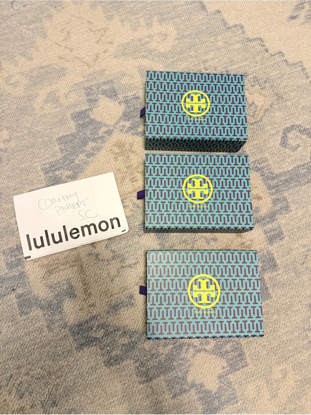 Tory Burch Blue Patterned Small Accessory Boxes with Yellow Logo (Set of 3)